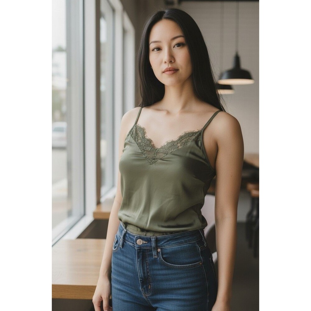 Socialite NEW Lace Trim Satin Bodysuit in Olive Green Women's Size XS NWT